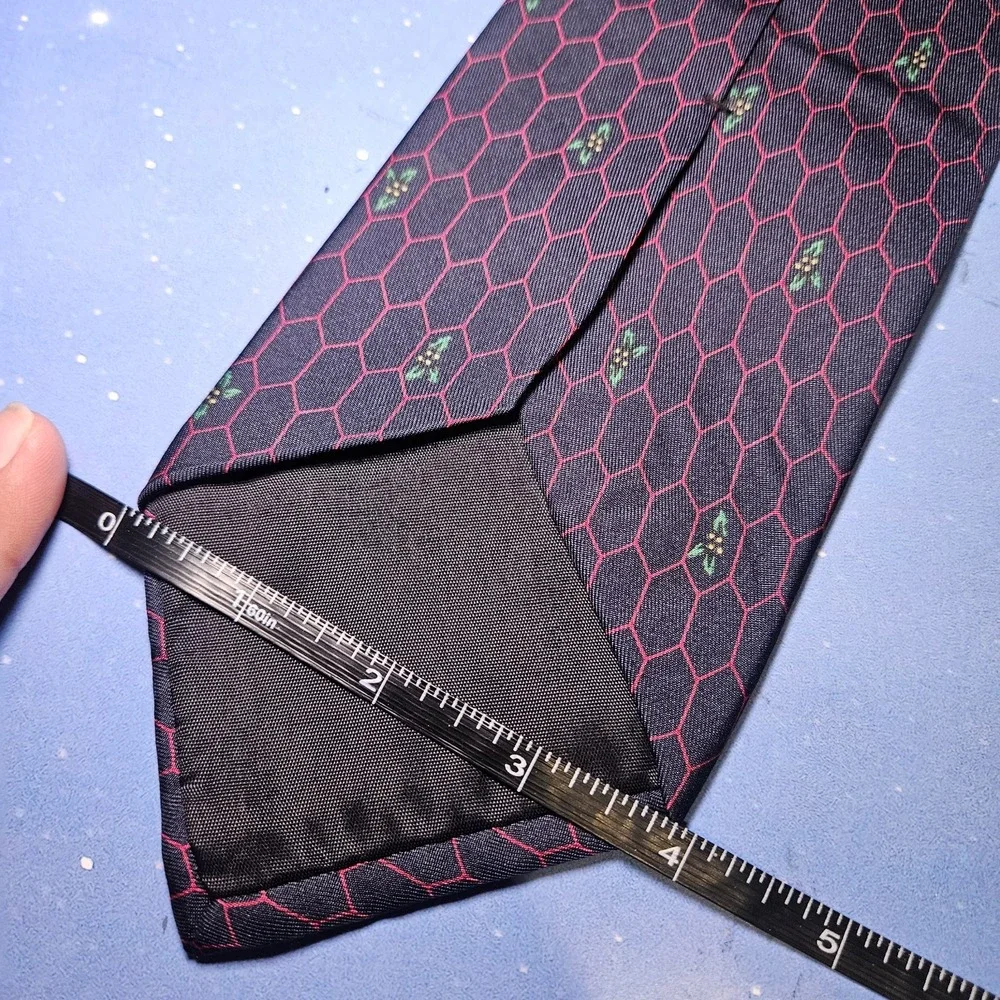Enzo Necktie Mens‎ OS Navy Red Honeycomb Geometric Floral 100% Silk Made in USA